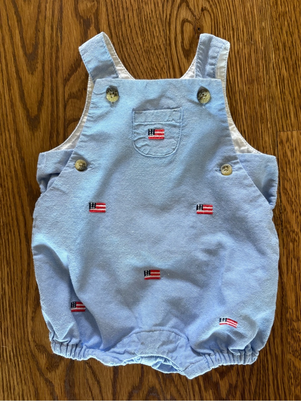 Janie and Jack Light Blue Cotton Romper with Flag Embroidery